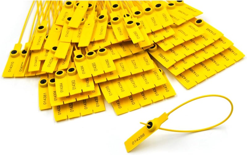 FlixGrdy (500pcs) 11 inch Plastic Numbered Security Seal Pull Tight Padlock Safety Tag Tamper Proof Tie Disposable Self-Locking Seals, Yellow - Image 1